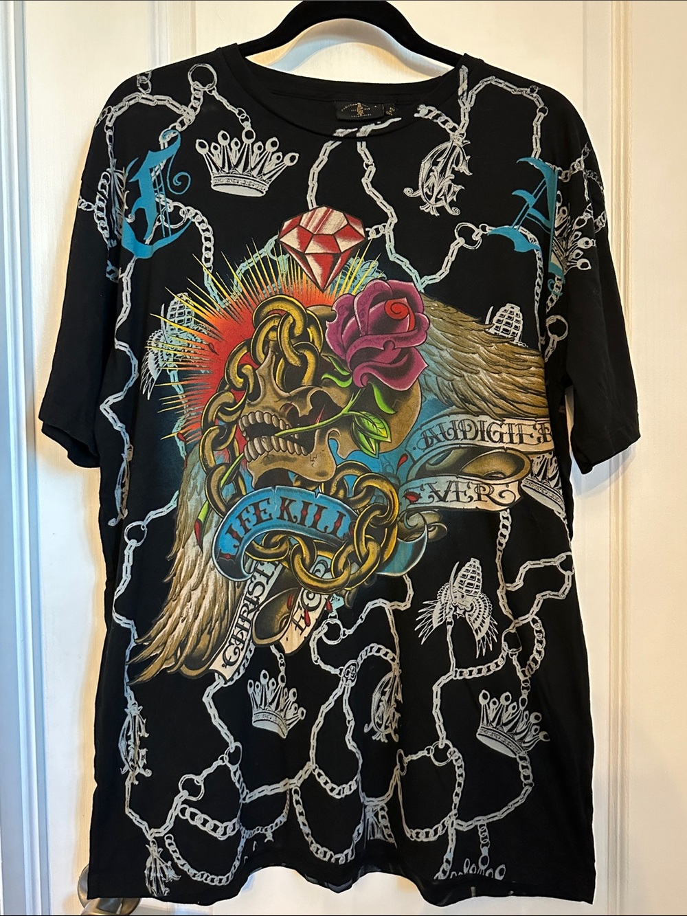 Christian Audigier Black Short Sleeve Tee with Multicolor Skull & Rose Graphic